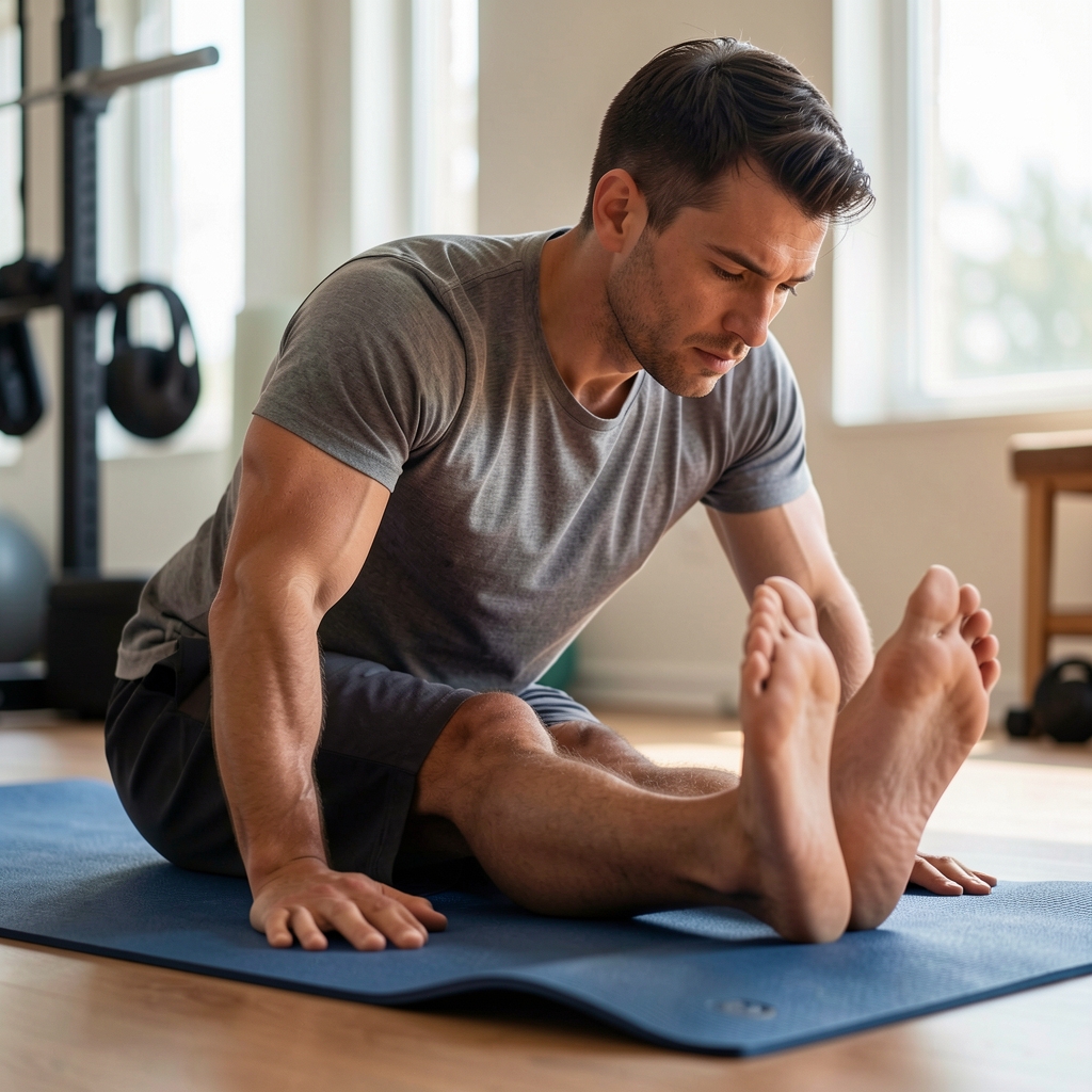 Close-up of a man performing a hip mobility stretch on a yoga mat