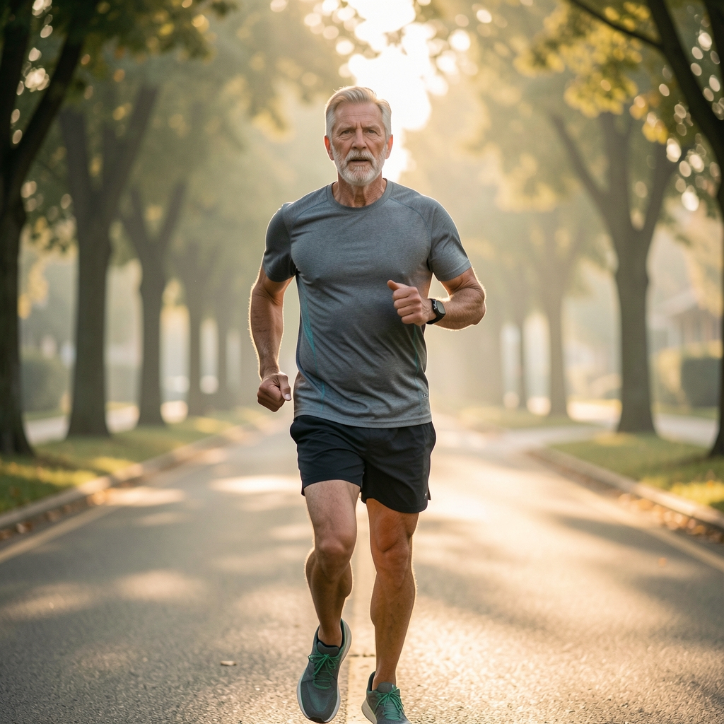 Mature runner jogging along a tree-lined street in early morning light