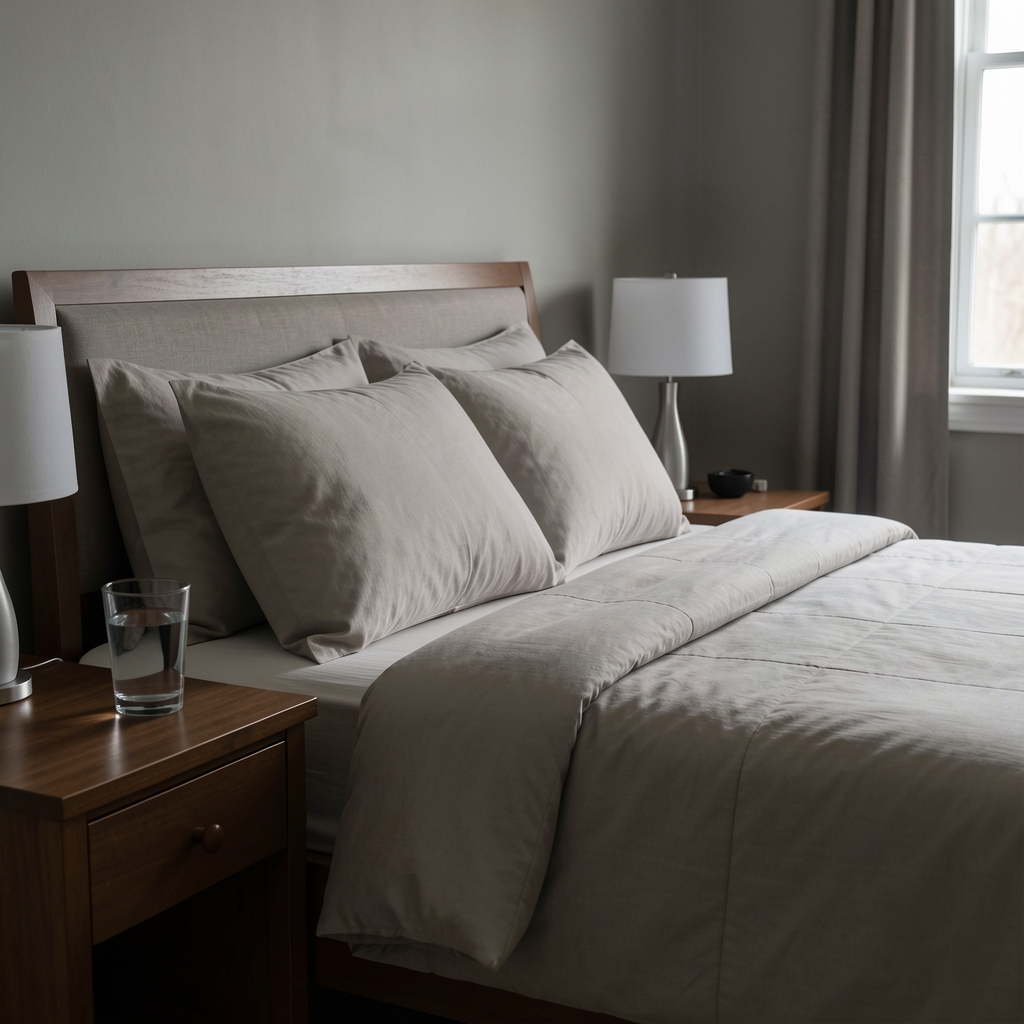 Dim bedroom with a made bed and a glass of water on the nightstand suggesting a wind-down routine