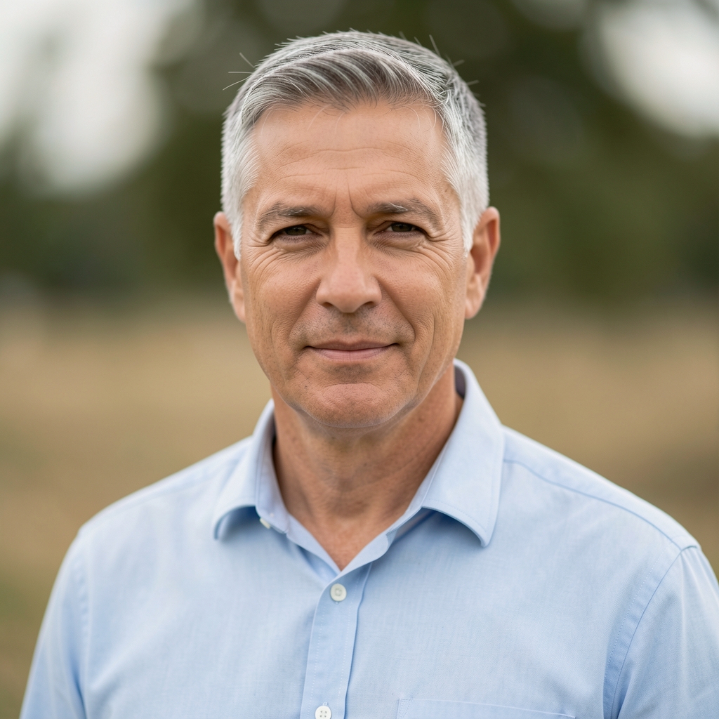 Portrait of a male editorial contributor with short gray hair in a collared shirt