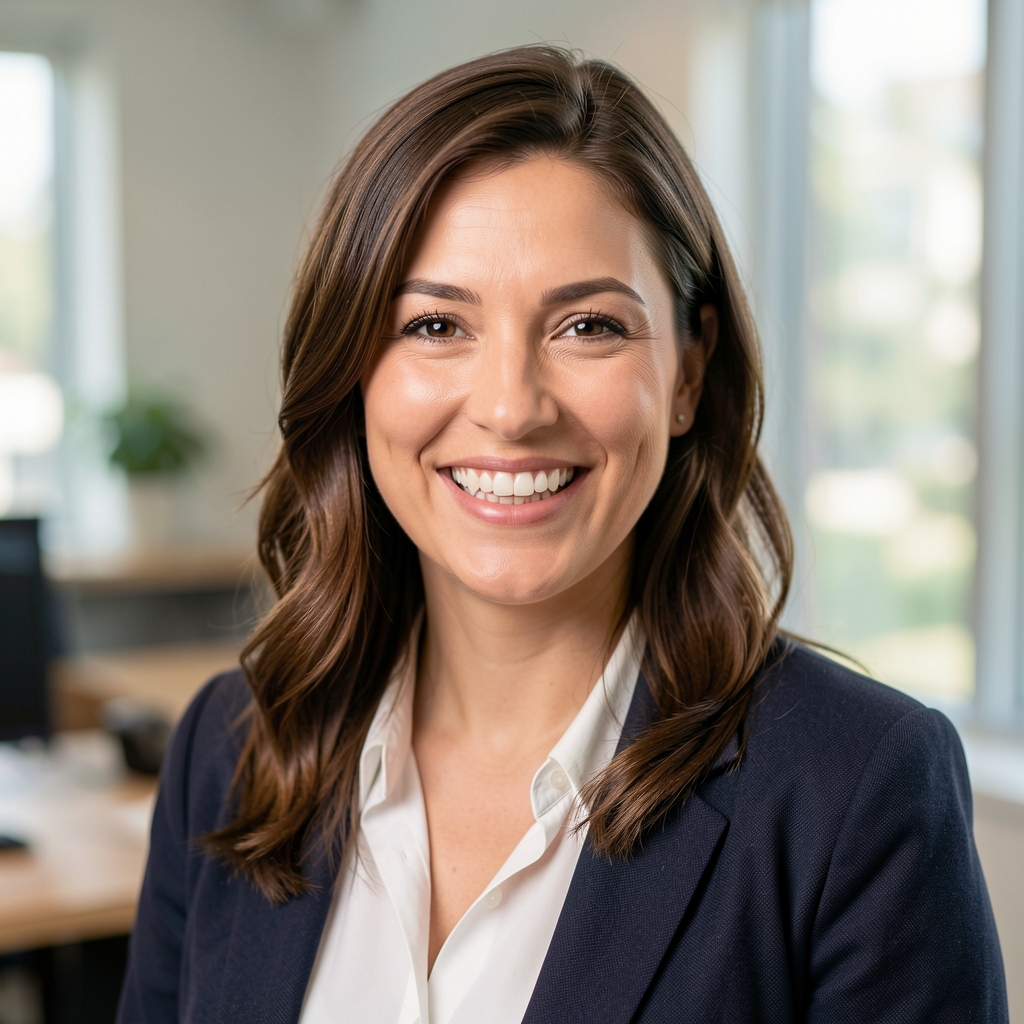 Portrait of a female editorial contributor smiling in a casual office setting