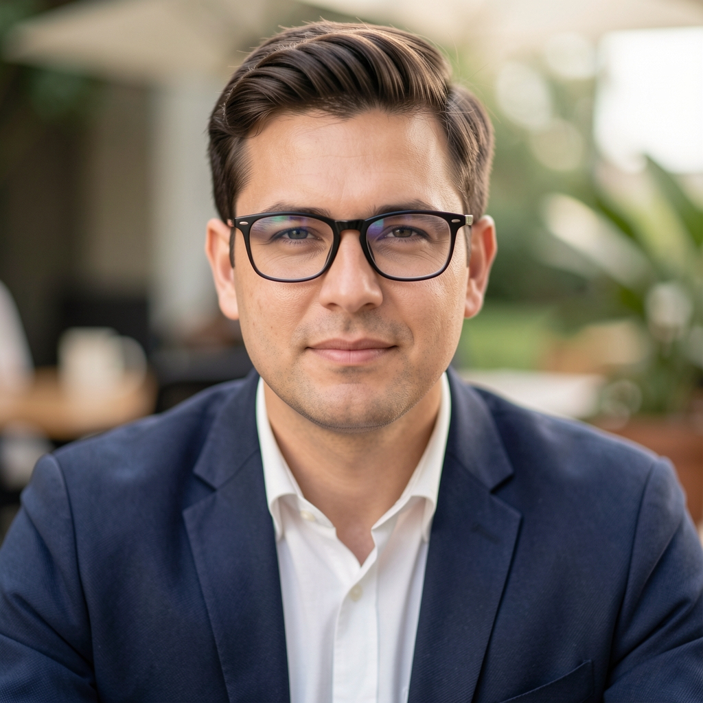 Portrait of a male editorial contributor wearing glasses at a desk