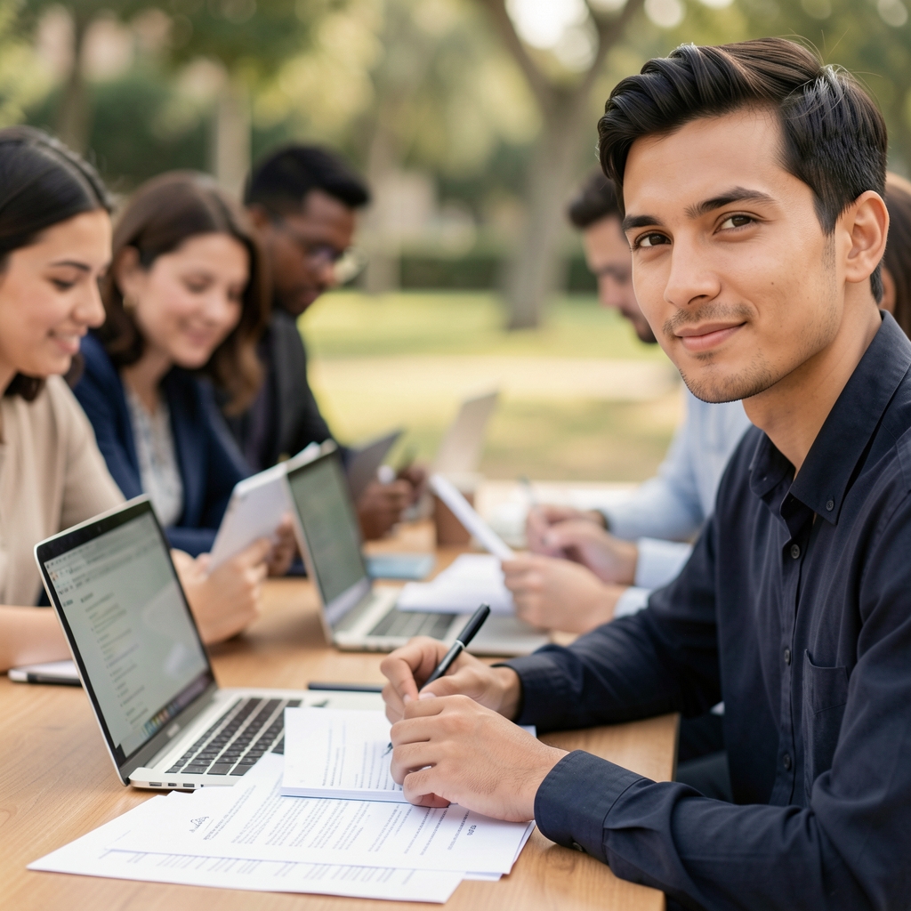 Small editorial team reviewing notes together around a table with laptops and printed drafts