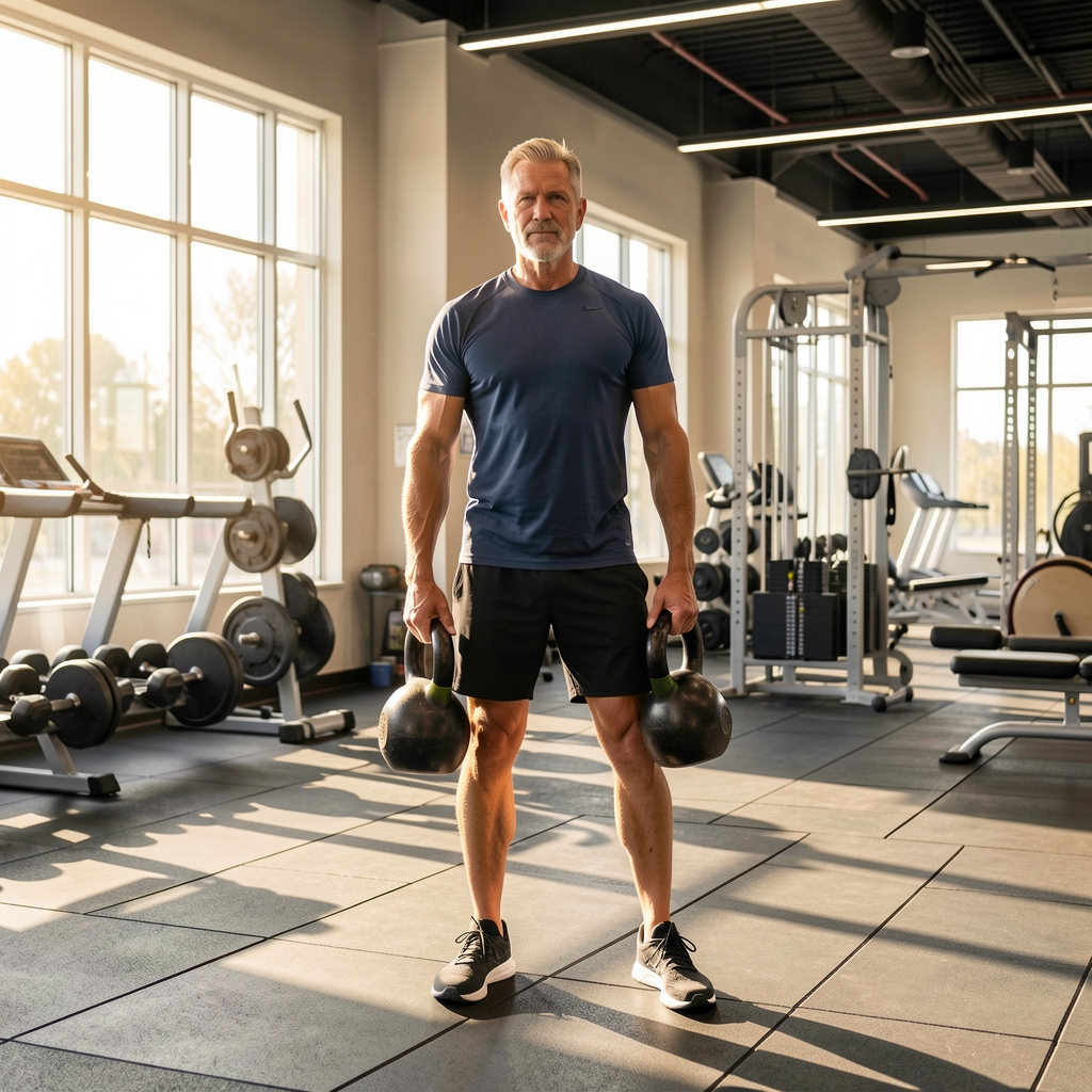 Mature man carrying two kettlebells across a sunlit gym floor