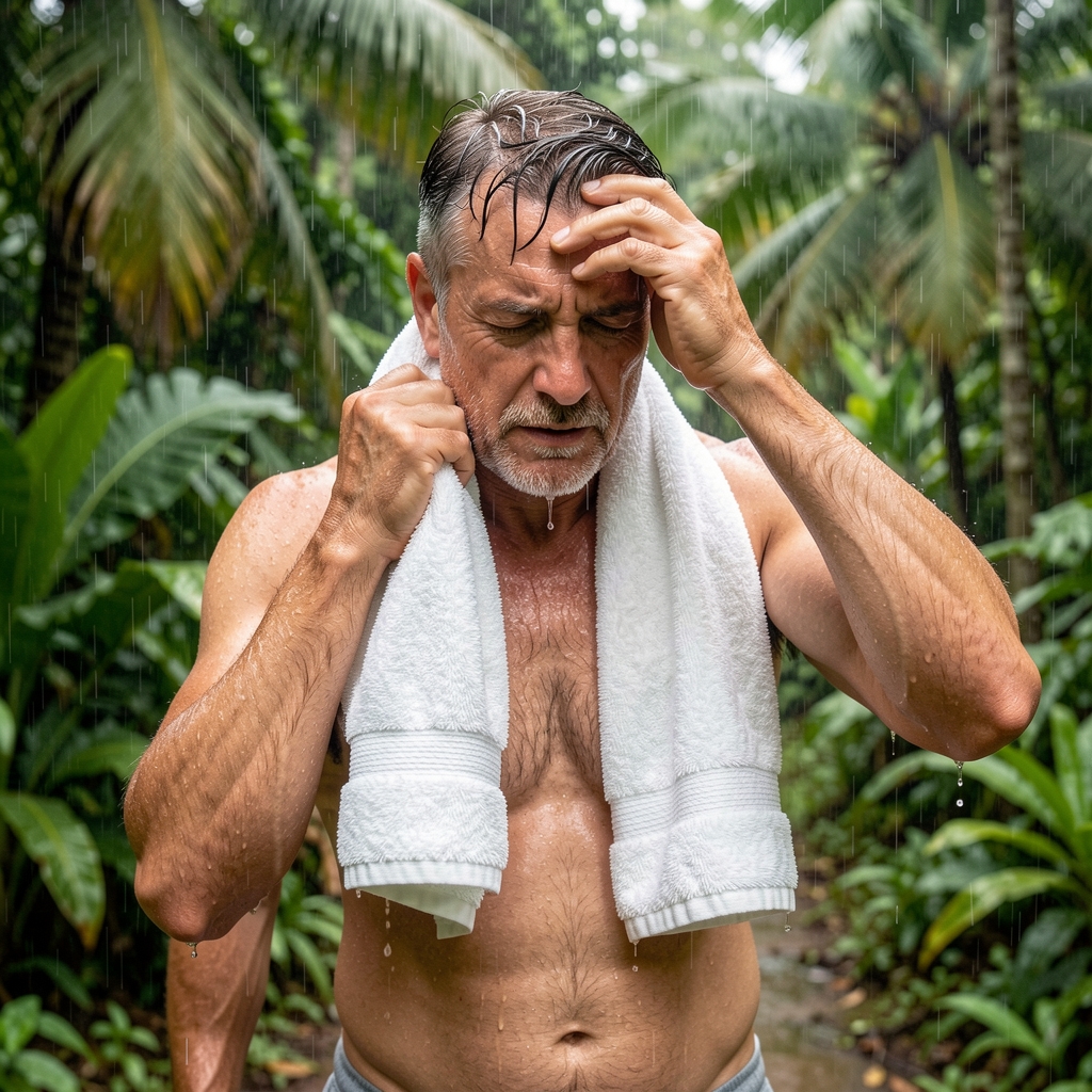 Mature man training outdoors in humid tropical weather wiping sweat with a towel