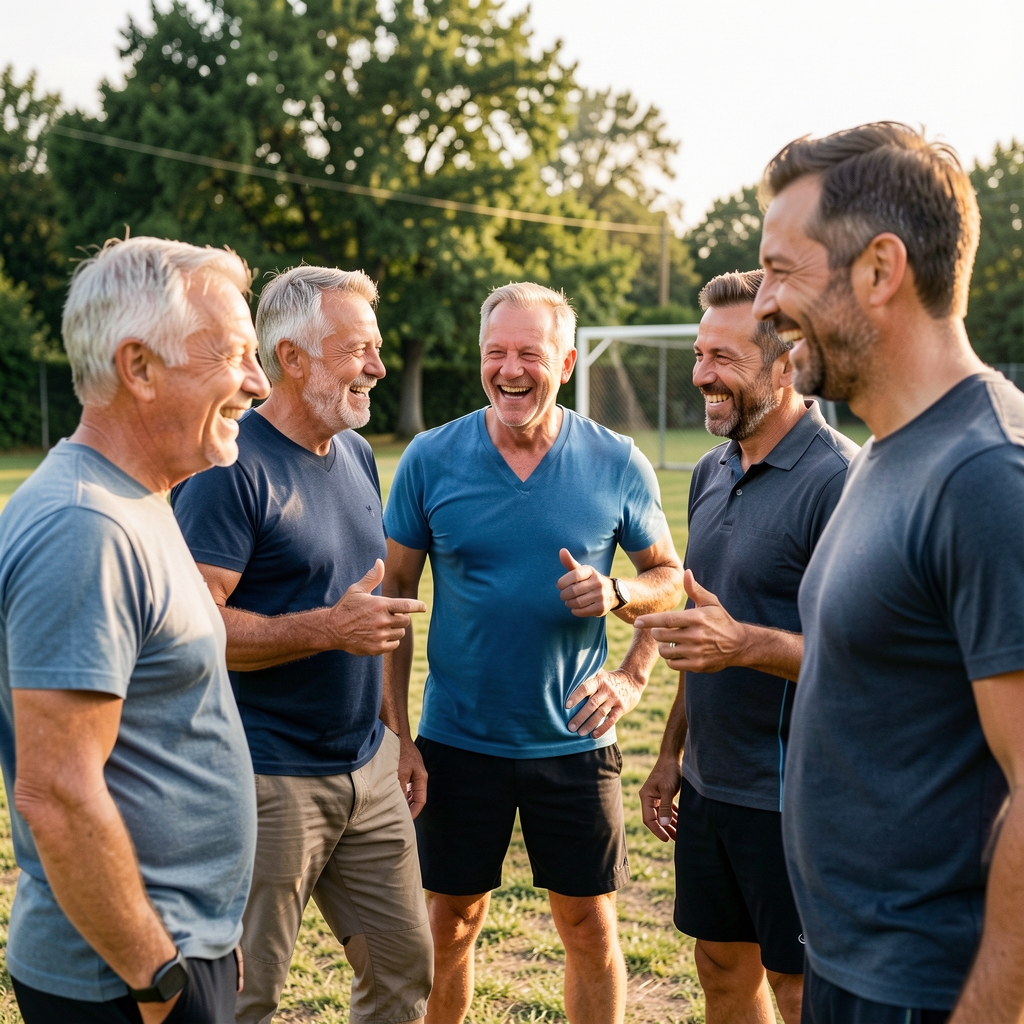 Group of mature men talking and laughing after an outdoor training session