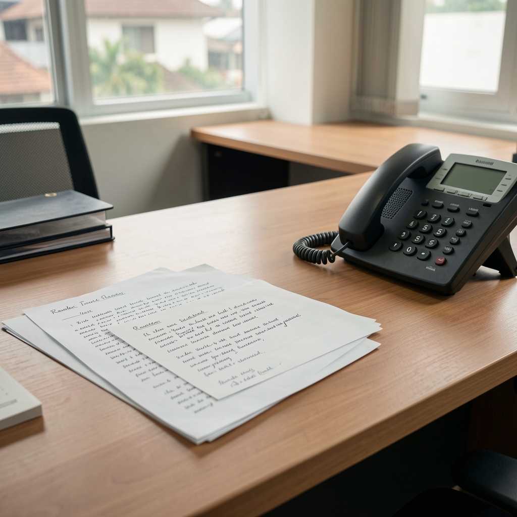 Quiet editorial office desk with handwritten reader letters and a telephone in Bandung