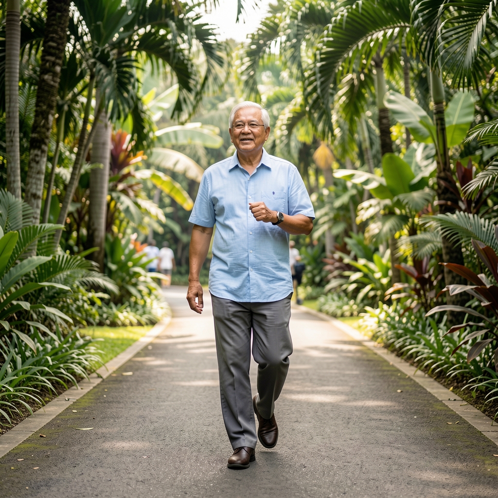 Older man walking briskly along a Bandung park path among tropical greenery