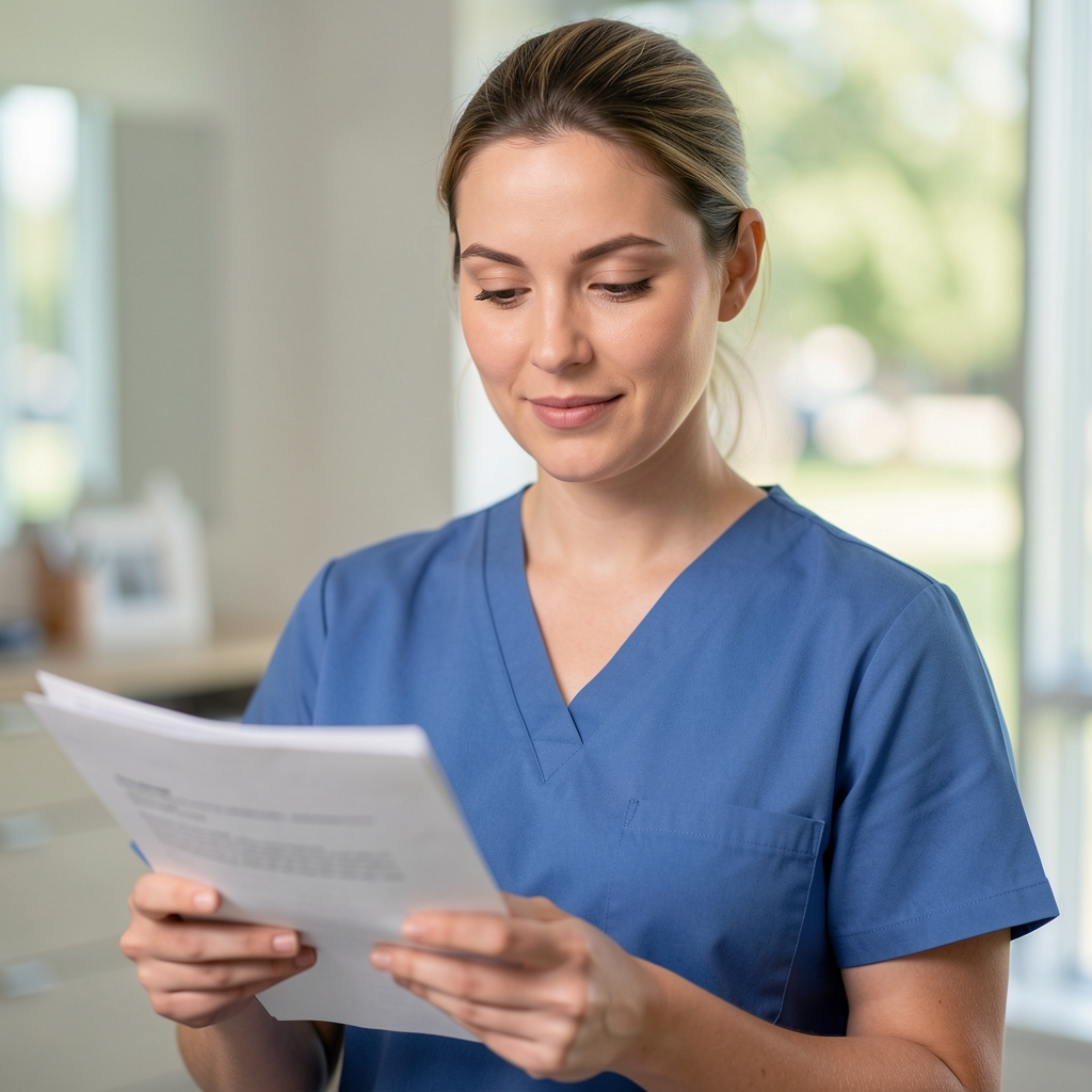 Portrait of a physiotherapist reviewing mobility notes in a clinic