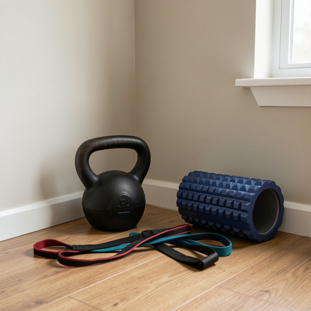 Small home training corner with a kettlebell, resistance bands, and a foam roller arranged neatly