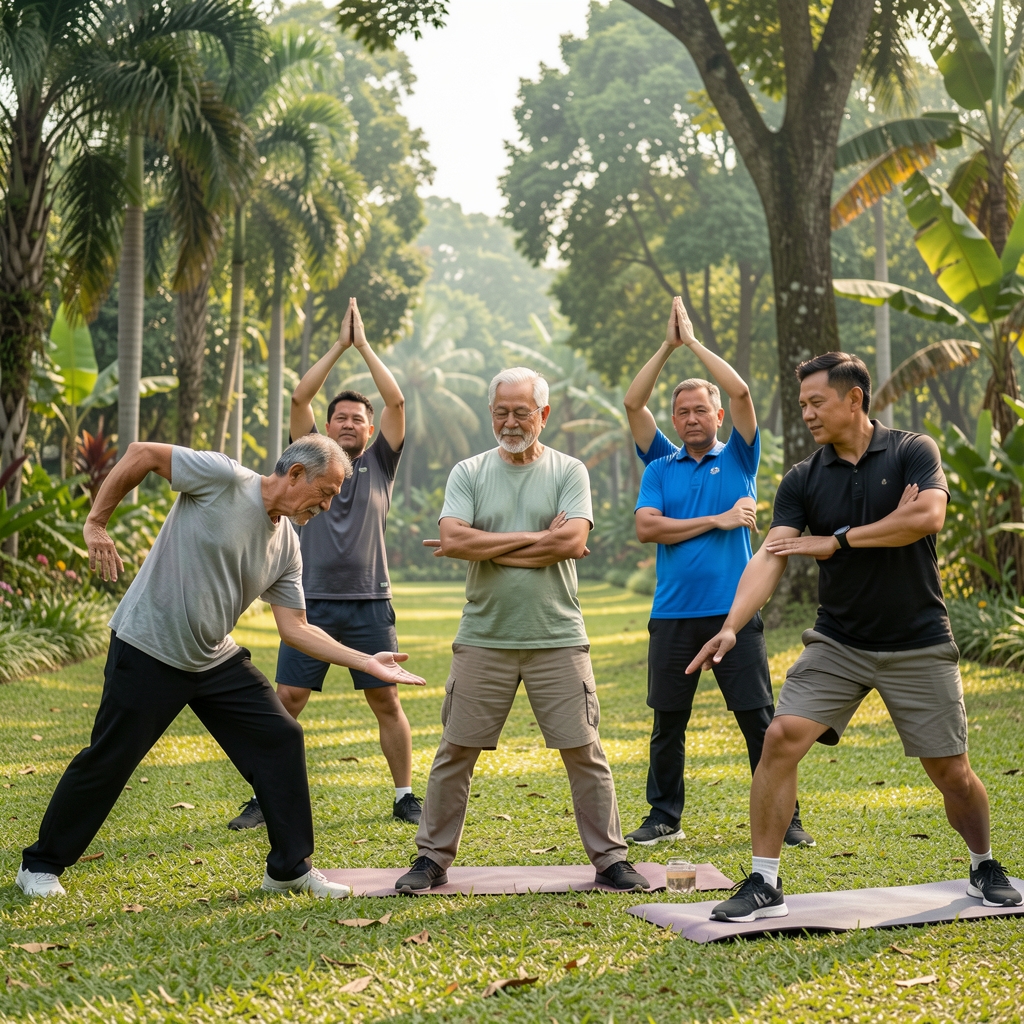 Small group of mature men stretching together outdoors before a morning walking session in Bandung