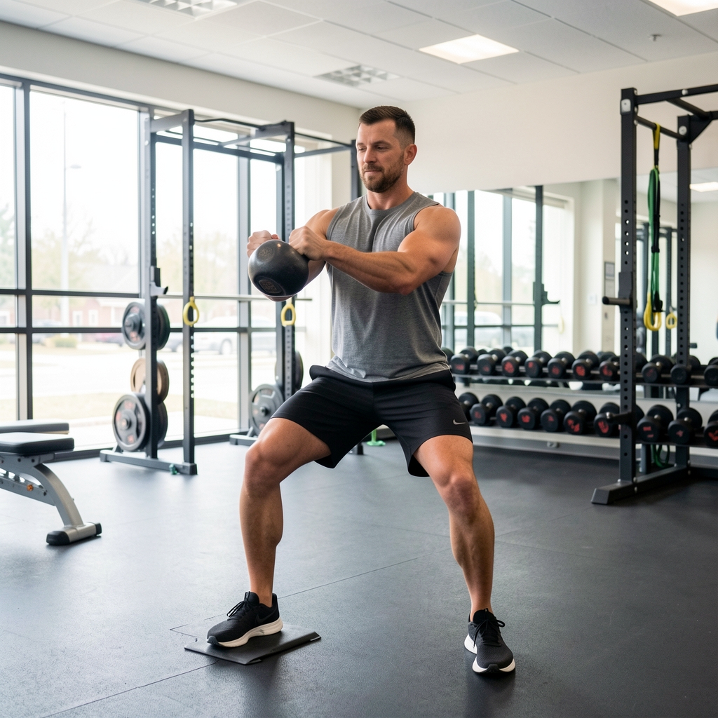 Man performing kettlebell swings with proper form in a bright functional training studio