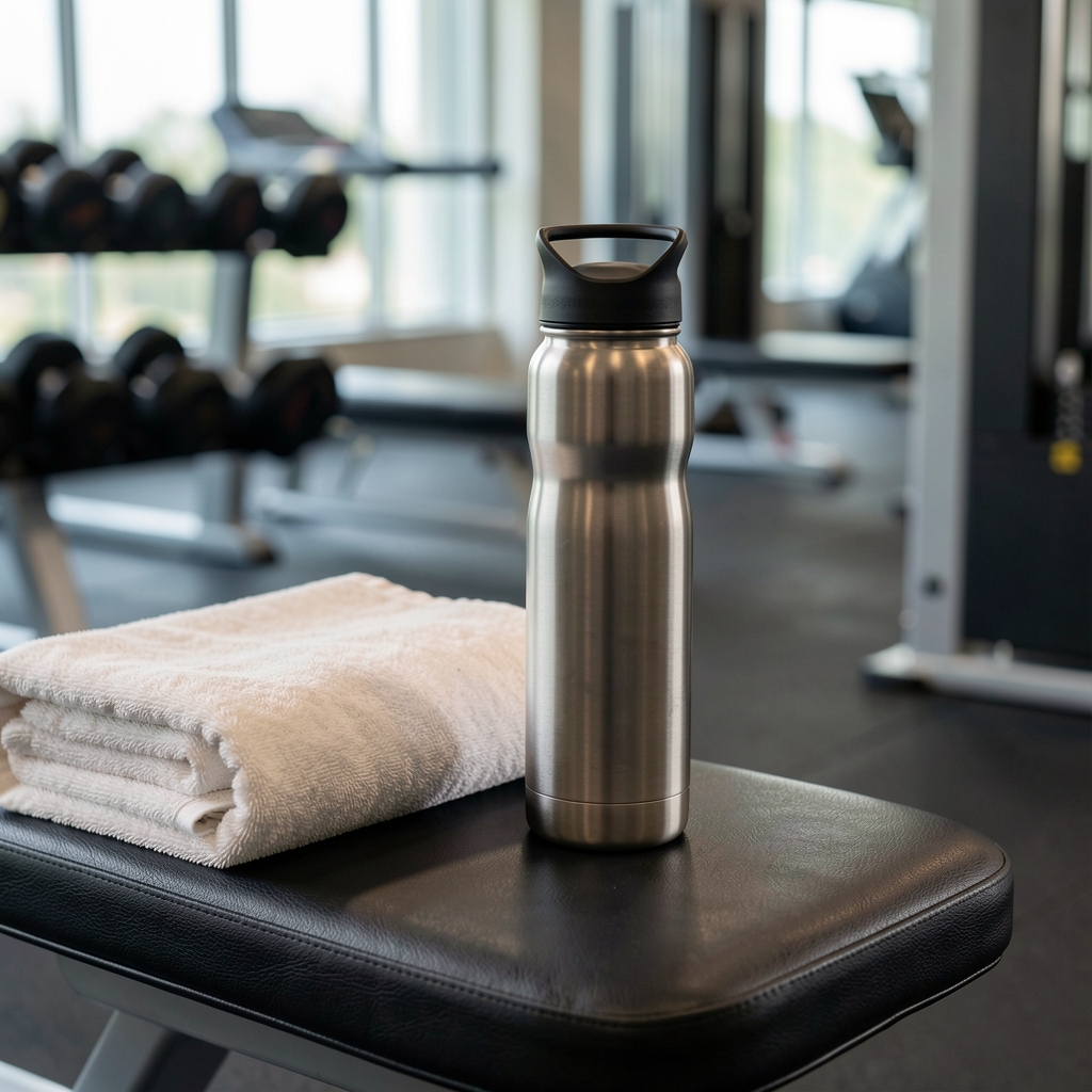 Reusable water bottle resting on a gym bench beside a folded towel