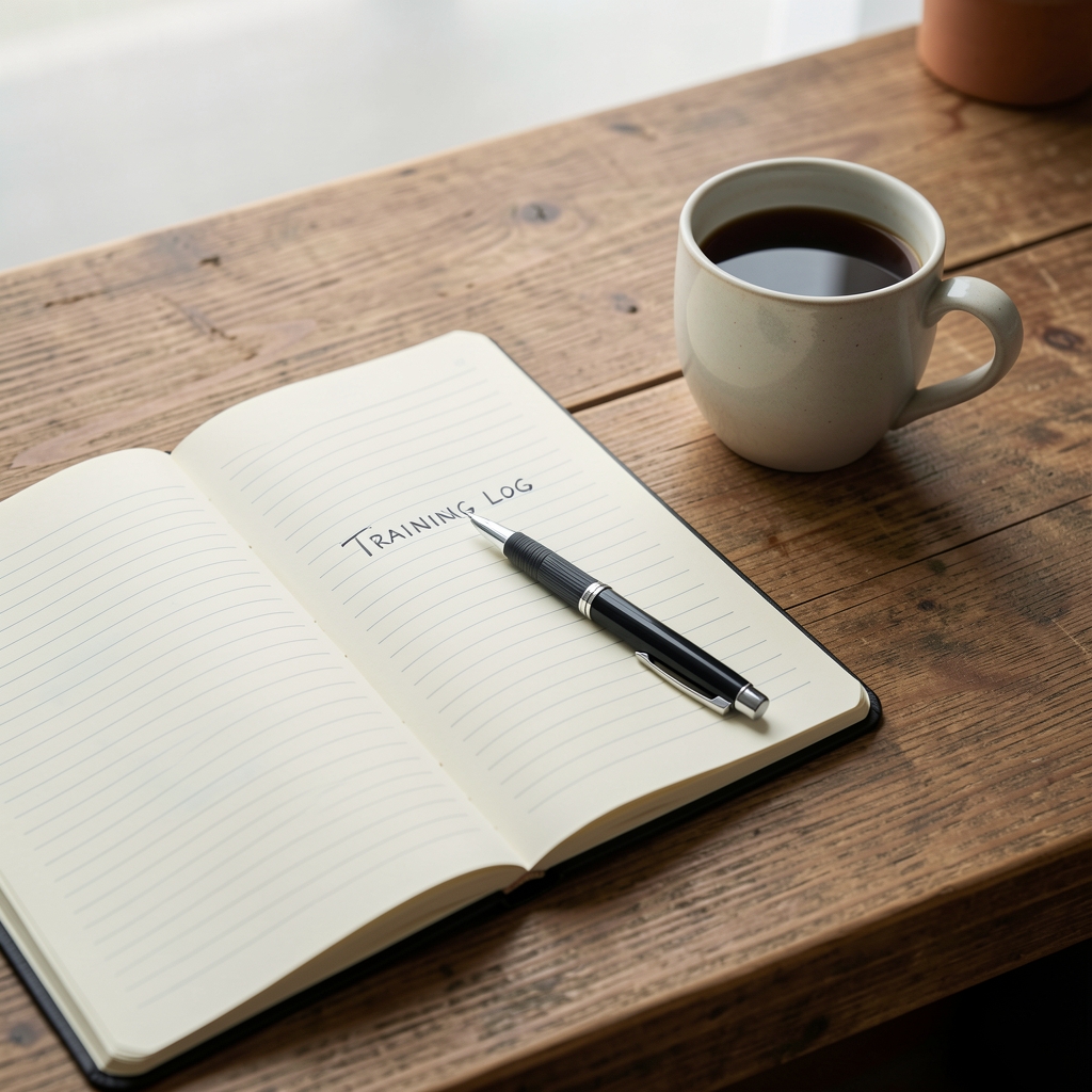 Open notebook and pen beside a cup of coffee on a wooden desk, used for tracking a training log