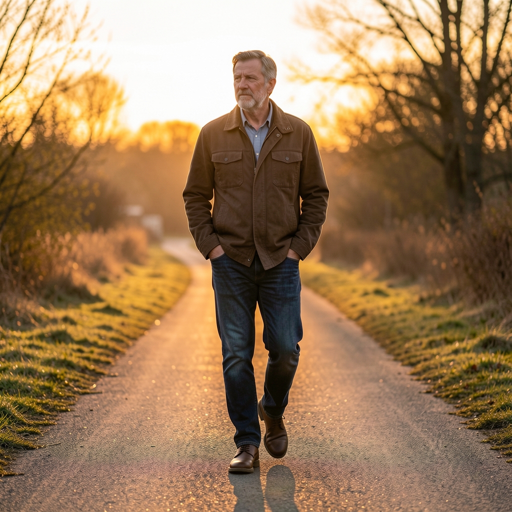 Mature man walking alone on a quiet path at sunrise, hands in pockets, in a reflective moment