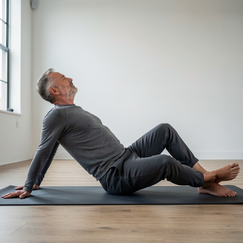 Mature man performing a controlled hip-opening stretch on a studio mat