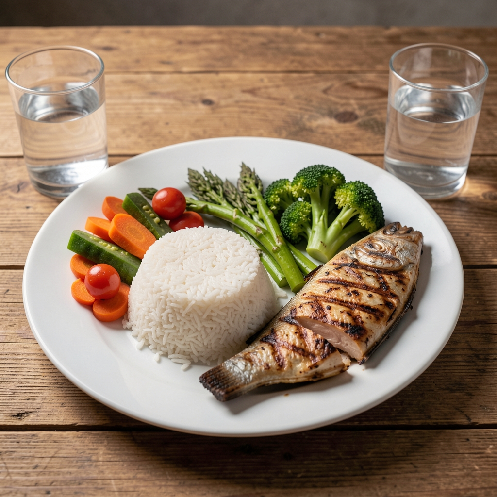 Colorful Indonesian meal with rice vegetables grilled fish and water arranged on a wooden table