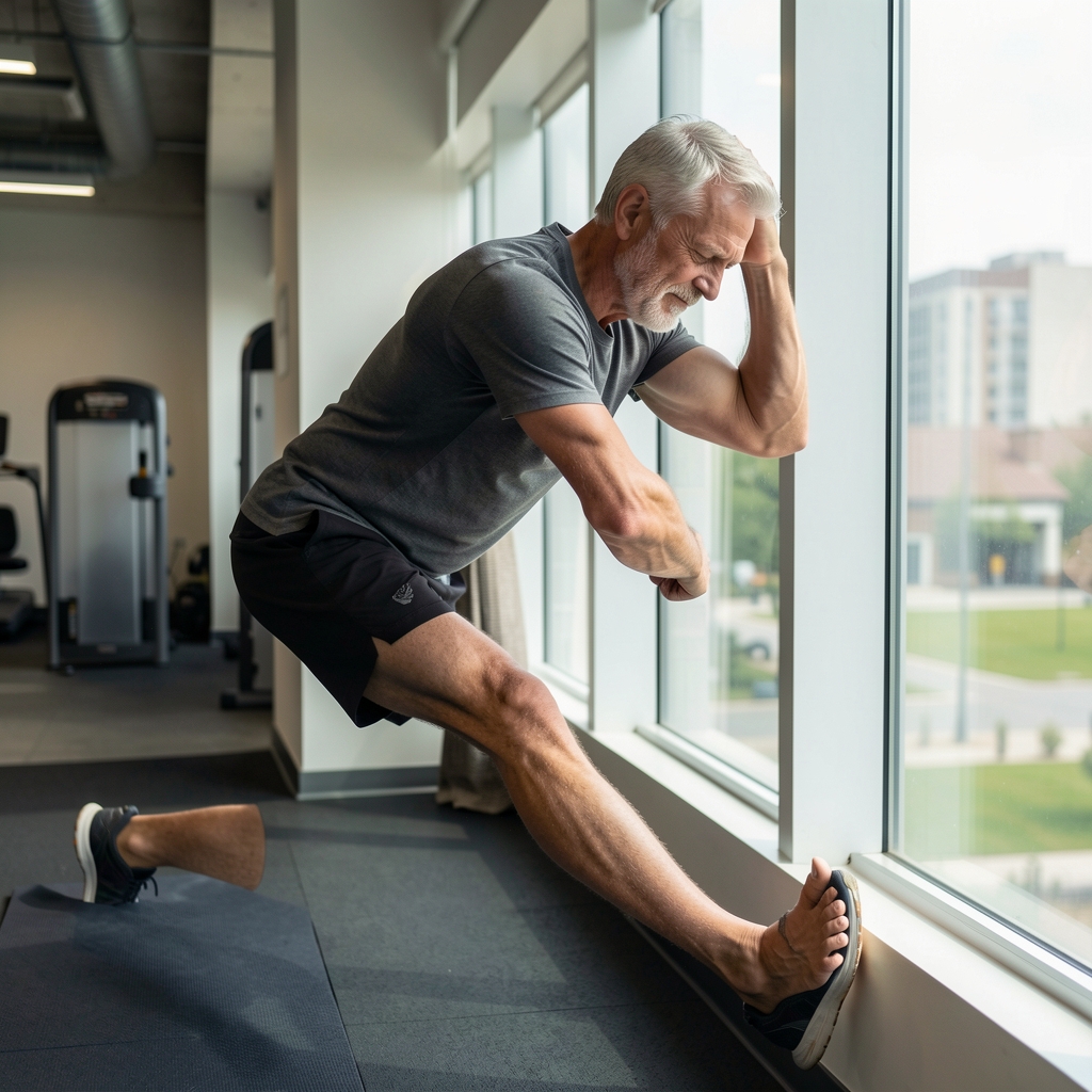 Mature athlete stretching beside a window after a measured training session