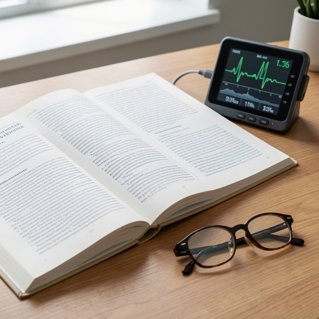 Open scientific journal beside a heart-rate monitor and reading glasses on a desk