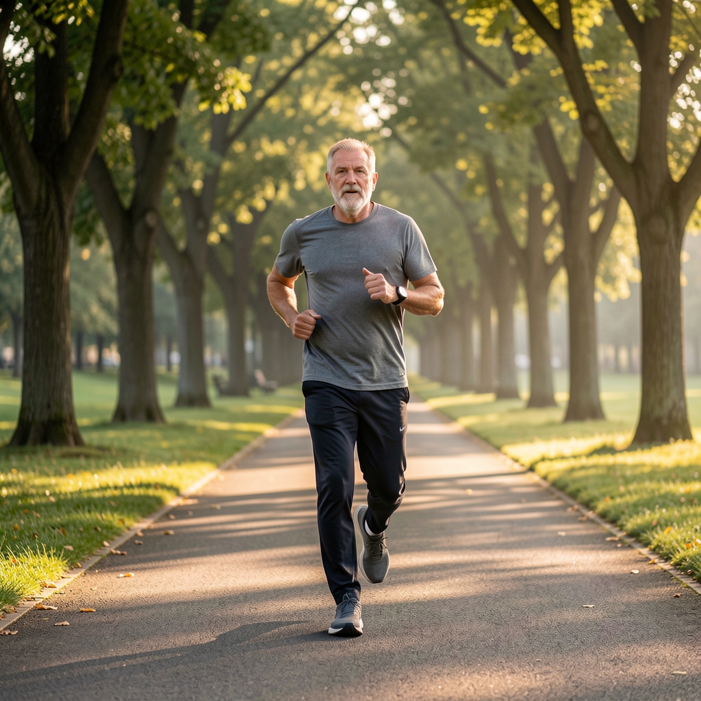 Mature man running along a tree-lined park path in the early morning light