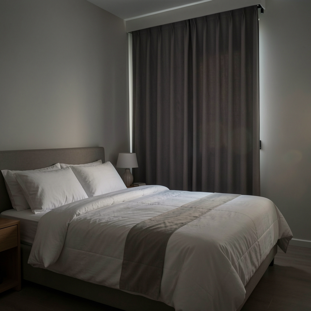 Dim bedroom with a neatly made bed and a closed curtain suggesting a wind-down routine