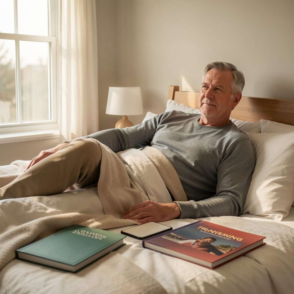 Mature man resting in a quiet bedroom with morning light and a folded training journal nearby