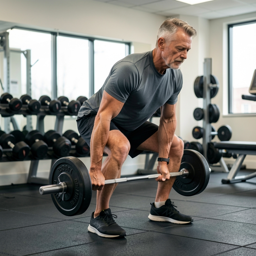 Mature man performing a controlled dumbbell deadlift with a neutral back in a quiet gym