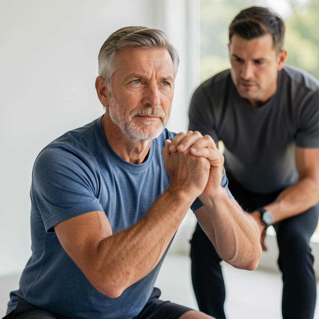 Mature man practicing a goblet squat with a coach observing alignment in a clean studio