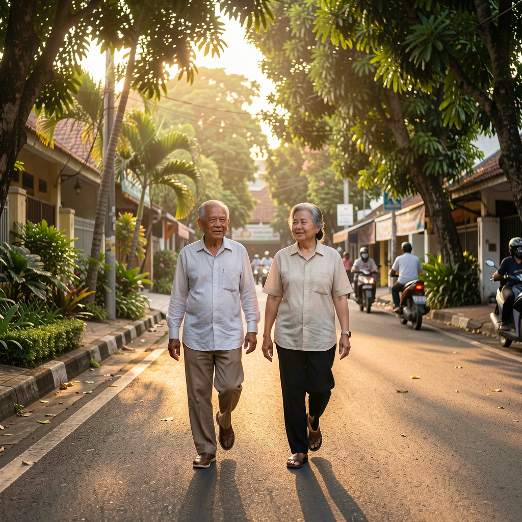 Older couple walking slowly beside a leafy Bandung street at golden hour